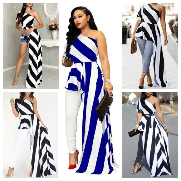 Striped One Shoulder Asymmetrical High Low Ruffle Peplum Top Tunic NEW SIZE S - Picture 11 of 16